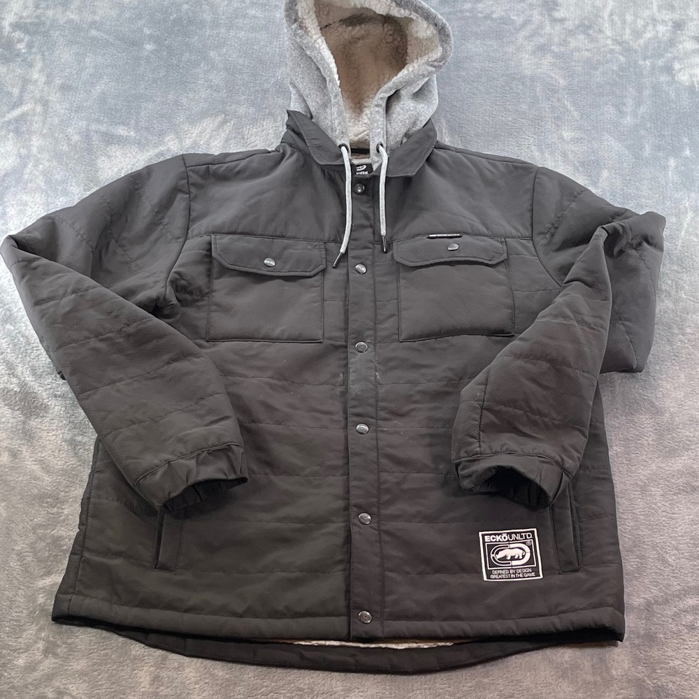 Ecko Unltd Mens Puffer Jacket Hooded Sherpa Lined Black Quilted Full Snap Coat L
